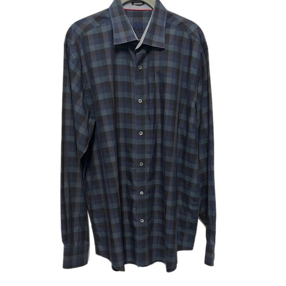 Bugatchi Uomo Mens Shirt Large Blue Plaid Flip Cuff Classic Fit Long Sleeve - Picture 1 of 8